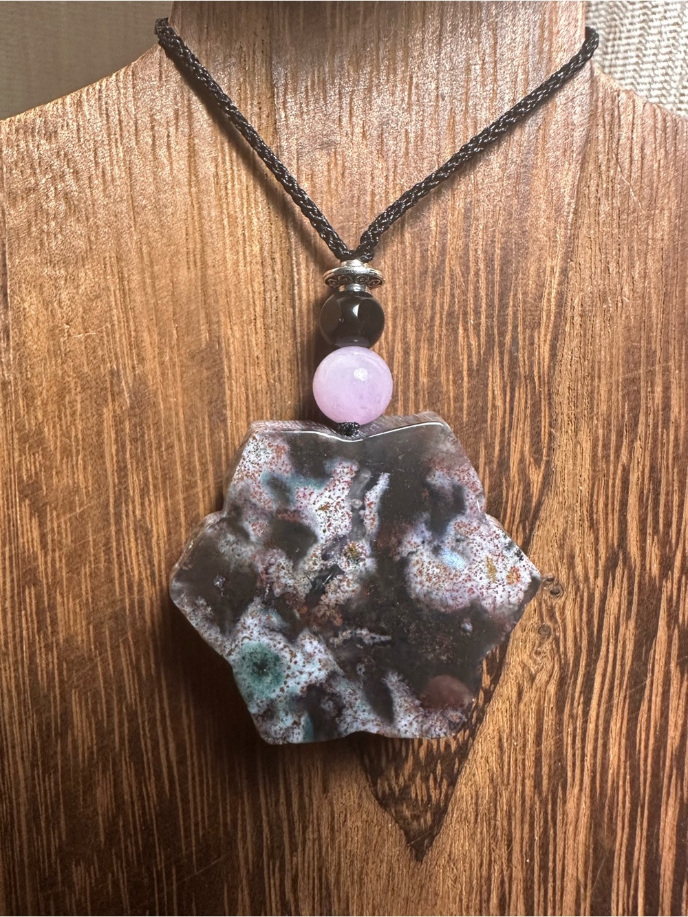 Ocean Jasper Pendant Necklace with Kunzite on Thin Black Adjustable Rope - Picture 15 of 16